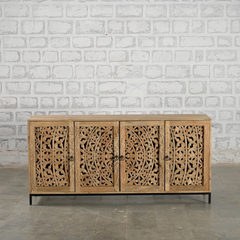 Carved Oasis Hand Carved Floral Carvings Wooden Sideboard Natural Finish Carved Oasis Hand Carved Floral Carvings Wooden Sideboard Natural Finish