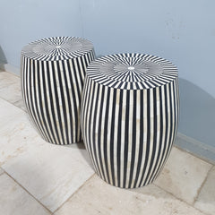 Bone Inlay Handmade Indian Furniture Side Tables Set of 2 in White and Black Bone Inlay Handmade Indian Furniture Side Tables Set of 2 in White and Black