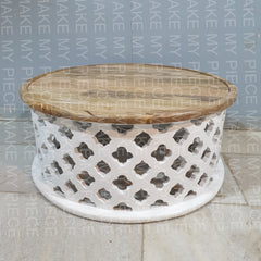 TARIKA Bristol Hand Carved Floral Round Coffee Table With Natural Top TARIKA Bristol Hand Carved Floral Round Coffee Table With Natural Top