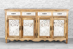 Indian Hand Carved Mango Wood 4 Door & 4 Drawers Sideboard White & Natural 04 Indian Hand Carved Mango Wood 4 Door & 4 Drawers Sideboard White & Natural 04