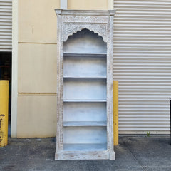 Indian Hand Carved Mehrab Solid Hard Wood White Wash Bookshelf 96x38x240Cm Indian Hand Carved Mehrab Solid Hard Wood White Wash Bookshelf 96x38x240Cm