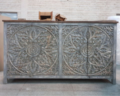 Dynasty French Hand Carved Doors Buffet Large Sideboard Grey Rustic 195x45x110cm Dynasty French Hand Carved Doors Buffet Large Sideboard Grey Rustic 195x45x110cm