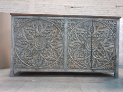 Dynasty French Hand Carved Doors Buffet Large Sideboard Grey Rustic 195x45x110cm Dynasty French Hand Carved Doors Buffet Large Sideboard Grey Rustic 195x45x110cm