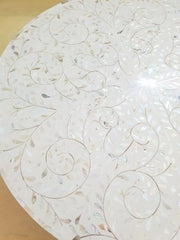 Maaya Bone Inlay Mother of Pearl Drum Round Coffee Table With Brass Base Maaya Bone Inlay Mother of Pearl Drum Round Coffee Table With Brass Base