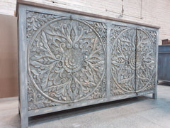 Dynasty French Hand Carved Doors Buffet Large Sideboard Grey Rustic 195x45x110cm Dynasty French Hand Carved Doors Buffet Large Sideboard Grey Rustic 195x45x110cm