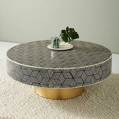 Maaya Brass Bone Inlay Round Drum Coffee Table Maaya Brass Bone Inlay Round Drum Coffee Table