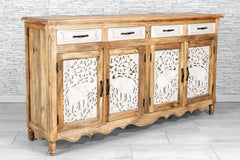 Indian Hand Carved Mango Wood 4 Door & 4 Drawers Sideboard White & Natural 04 Indian Hand Carved Mango Wood 4 Door & 4 Drawers Sideboard White & Natural 04
