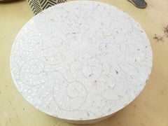 Maaya Bone Inlay Mother of Pearl Drum Round Coffee Table With Brass Base Maaya Bone Inlay Mother of Pearl Drum Round Coffee Table With Brass Base