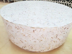Maaya Bone Inlay Mother of Pearl Drum Round Coffee Table With Brass Base Maaya Bone Inlay Mother of Pearl Drum Round Coffee Table With Brass Base