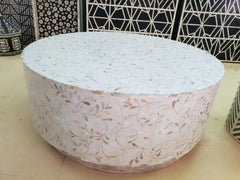 Maaya Bone Inlay Mother of Pearl Drum Round Coffee Table With Brass Base Maaya Bone Inlay Mother of Pearl Drum Round Coffee Table With Brass Base