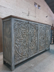 Dynasty French Hand Carved Doors Buffet Large Sideboard Grey Rustic 195x45x110cm Dynasty French Hand Carved Doors Buffet Large Sideboard Grey Rustic 195x45x110cm