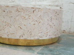 Maaya Bone Inlay Mother of Pearl Drum Round Coffee Table With Brass Base Maaya Bone Inlay Mother of Pearl Drum Round Coffee Table With Brass Base