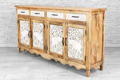 Indian Hand Carved Mango Wood 4 Door & 4 Drawers Sideboard White & Natural 04 Indian Hand Carved Mango Wood 4 Door & 4 Drawers Sideboard White & Natural 04