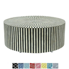 Maaya Bone Inlay Round drum Coffee Table Black Striped Maaya Bone Inlay Round drum Coffee Table Black Striped