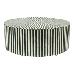 Maaya Bone Inlay Round drum Coffee Table Black Striped Maaya Bone Inlay Round drum Coffee Table Black Striped
