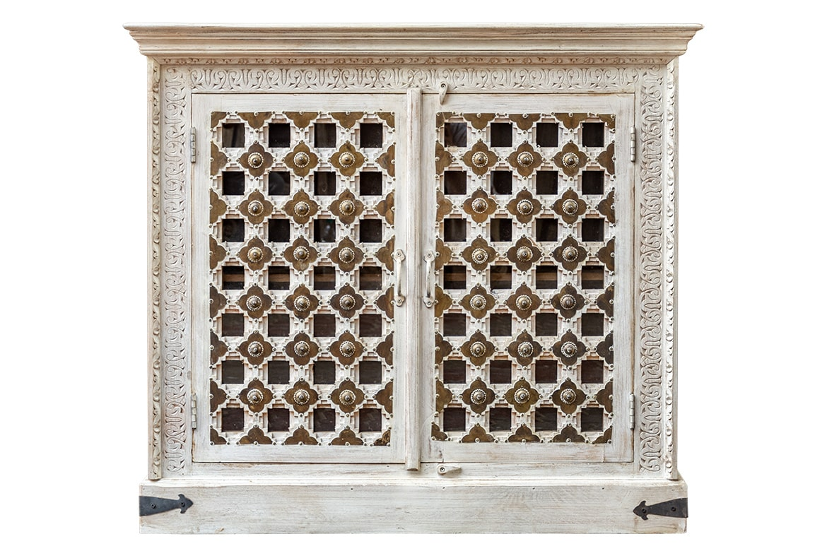 Antique Indian Brass Work Hand Carved Solid Wooden Cabinet White 108x45x98cm A0118  -   Antique Indian Brass Work Hand Carved Solid Wooden Cabinet White 108x45x98cm A0118  -