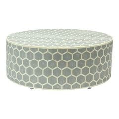 Maaya Bone Inlay Round drum Coffee Table Grey Honeycomb Maaya Bone Inlay Round drum Coffee Table Grey Honeycomb