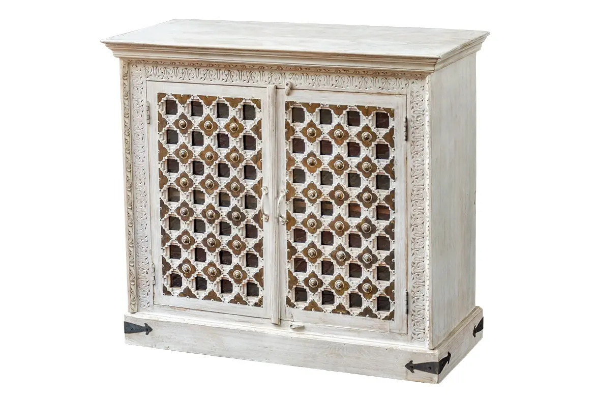 Antique Indian Brass Work Hand Carved Solid Wooden Cabinet White 108x45x98cm A0118  -   Antique Indian Brass Work Hand Carved Solid Wooden Cabinet White 108x45x98cm A0118  -