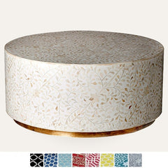 Maaya Brass Bone Inlay Round drum Coffee Table White Floral Maaya Brass Bone Inlay Round drum Coffee Table White Floral