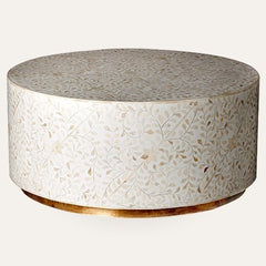 Maaya Brass Bone Inlay Round drum Coffee Table White Floral Maaya Brass Bone Inlay Round drum Coffee Table White Floral
