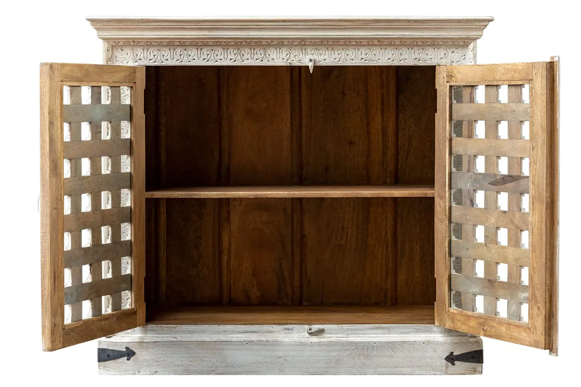 Antique Indian Brass Work Hand Carved Solid Wooden Cabinet White 108x45x98cm A0118  -   Antique Indian Brass Work Hand Carved Solid Wooden Cabinet White 108x45x98cm A0118  -