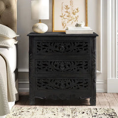 Indian Hand Carved 3 Drawers Solid Wood Bedside Table  05 Indian Hand Carved 3 Drawers Solid Wood Bedside Table  05