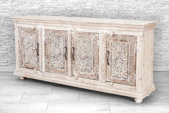 Indian Hand Carved Solid Wood 4 Door Sideboard Whitewash 14 Indian Hand Carved Solid Wood 4 Door Sideboard Whitewash 14