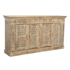 Carved Oasis Hand Carved Solid Mango Wood 4 Doors Sideboard Rustic White Carved Oasis Hand Carved Solid Mango Wood 4 Doors Sideboard Rustic White