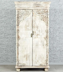 Antique Indian Hand Mughal Carved Solid Wooden Cabinet 2 Door Whitewash 100x43x190cm A009 Antique Indian Hand Mughal Carved Solid Wooden Cabinet 2 Door Whitewash 100x43x190cm A009