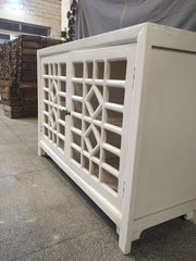 Hand Carved Indian Solid Wood Sideboard Jali Cabinet White Hand Carved Indian Solid Wood Sideboard Jali Cabinet White
