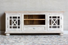 Indian Hand French Arched Solid Wooden Glass Doors Entertainment TV Unit Plasma Solid Whitewash 160×43×66cm Indian Hand French Arched Solid Wooden Glass Doors Entertainment TV Unit Plasma Solid Whitewash 160×43×66cm