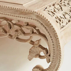 Heritage Heirlooms Solid Wooden Floral Carved Folded Legged Coffee Table in Bleached Heritage Heirlooms Solid Wooden Floral Carved Folded Legged Coffee Table in Bleached