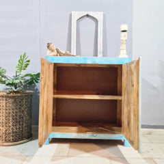 Handmade Carved Indian Furniture Solid Hard Wood Cabinet Floral Pattern Blue Handmade Carved Indian Furniture Solid Hard Wood Cabinet Floral Pattern Blue