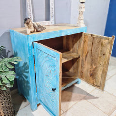 Handmade Carved Indian Furniture Solid Hard Wood Cabinet Floral Pattern Blue Handmade Carved Indian Furniture Solid Hard Wood Cabinet Floral Pattern Blue