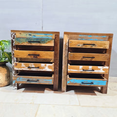 Reclaimed Handmade Carved Indian Furniture Solid Hard Wood Bedside Table with 4 Drawers Reclaimed Handmade Carved Indian Furniture Solid Hard Wood Bedside Table with 4 Drawers