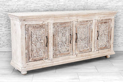 Indian Hand Carved Solid Wood 4 Door Sideboard Whitewash 14 Indian Hand Carved Solid Wood 4 Door Sideboard Whitewash 14