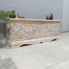 Indian Handmade Carved Wooden Trunk Blanket Box Natural Top Rustic White Indian Handmade Carved Wooden Trunk Blanket Box Natural Top Rustic White