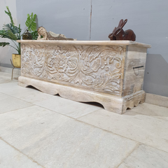 Indian Handmade Carved Wooden Trunk Blanket Box Natural Top Rustic White Indian Handmade Carved Wooden Trunk Blanket Box Natural Top Rustic White
