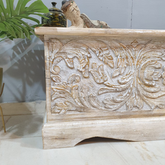 Indian Handmade Carved Wooden Trunk Blanket Box Natural Top Rustic White Indian Handmade Carved Wooden Trunk Blanket Box Natural Top Rustic White