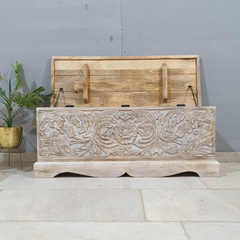Indian Handmade Carved Wooden Trunk Blanket Box Natural Top Rustic White Indian Handmade Carved Wooden Trunk Blanket Box Natural Top Rustic White