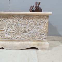 Indian Handmade Carved Wooden Trunk Blanket Box Natural Top Rustic White Indian Handmade Carved Wooden Trunk Blanket Box Natural Top Rustic White