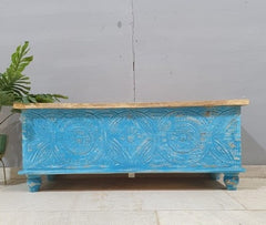 Indian Handmade Carved Wooden Trunk Blanket Box All Blue With Natural Top Indian Handmade Carved Wooden Trunk Blanket Box All Blue With Natural Top