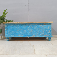 Indian Handmade Carved Wooden Trunk Blanket Box All Blue With Natural Top Indian Handmade Carved Wooden Trunk Blanket Box All Blue With Natural Top