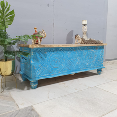 Indian Handmade Carved Wooden Trunk Blanket Box All Blue With Natural Top Indian Handmade Carved Wooden Trunk Blanket Box All Blue With Natural Top