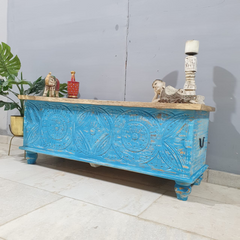 Indian Handmade Carved Wooden Trunk Blanket Box All Blue With Natural Top Indian Handmade Carved Wooden Trunk Blanket Box All Blue With Natural Top
