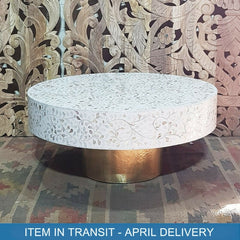 Maya Bone Inlay Indian Solid Wood Round Coffee Table Floral Pattern White Maya Bone Inlay Indian Solid Wood Round Coffee Table Floral Pattern White