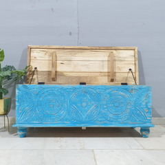 Indian Handmade Carved Wooden Trunk Blanket Box All Blue With Natural Top Indian Handmade Carved Wooden Trunk Blanket Box All Blue With Natural Top