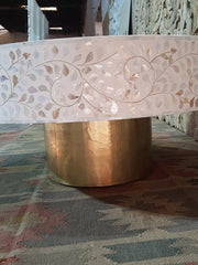Maya Bone Inlay Indian Solid Wood Round Coffee Table Floral Pattern White Maya Bone Inlay Indian Solid Wood Round Coffee Table Floral Pattern White