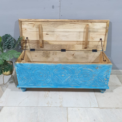 Indian Handmade Carved Wooden Trunk Blanket Box All Blue With Natural Top Indian Handmade Carved Wooden Trunk Blanket Box All Blue With Natural Top