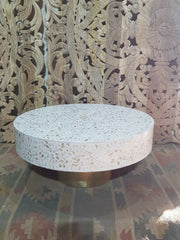 Maya Bone Inlay Indian Solid Wood Round Coffee Table Floral Pattern White Maya Bone Inlay Indian Solid Wood Round Coffee Table Floral Pattern White